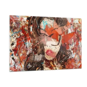 Quadro su vetro - Ritratto astratto di una donna nei toni del rosso e del beige - 120x80cm - Nessuno sa come sei veramente - Decorazione murale moderna per soggiorno e camera da letto ARTTOR
