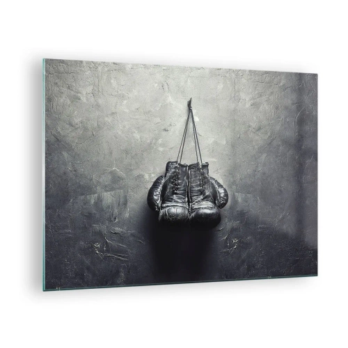 Quadro su vetro - Guantoni da boxe neri appesi al muro - 70x50cm - Tempo di lotte e tempo di pace - Decorazione murale moderna per soggiorno e camera da letto ARTTOR