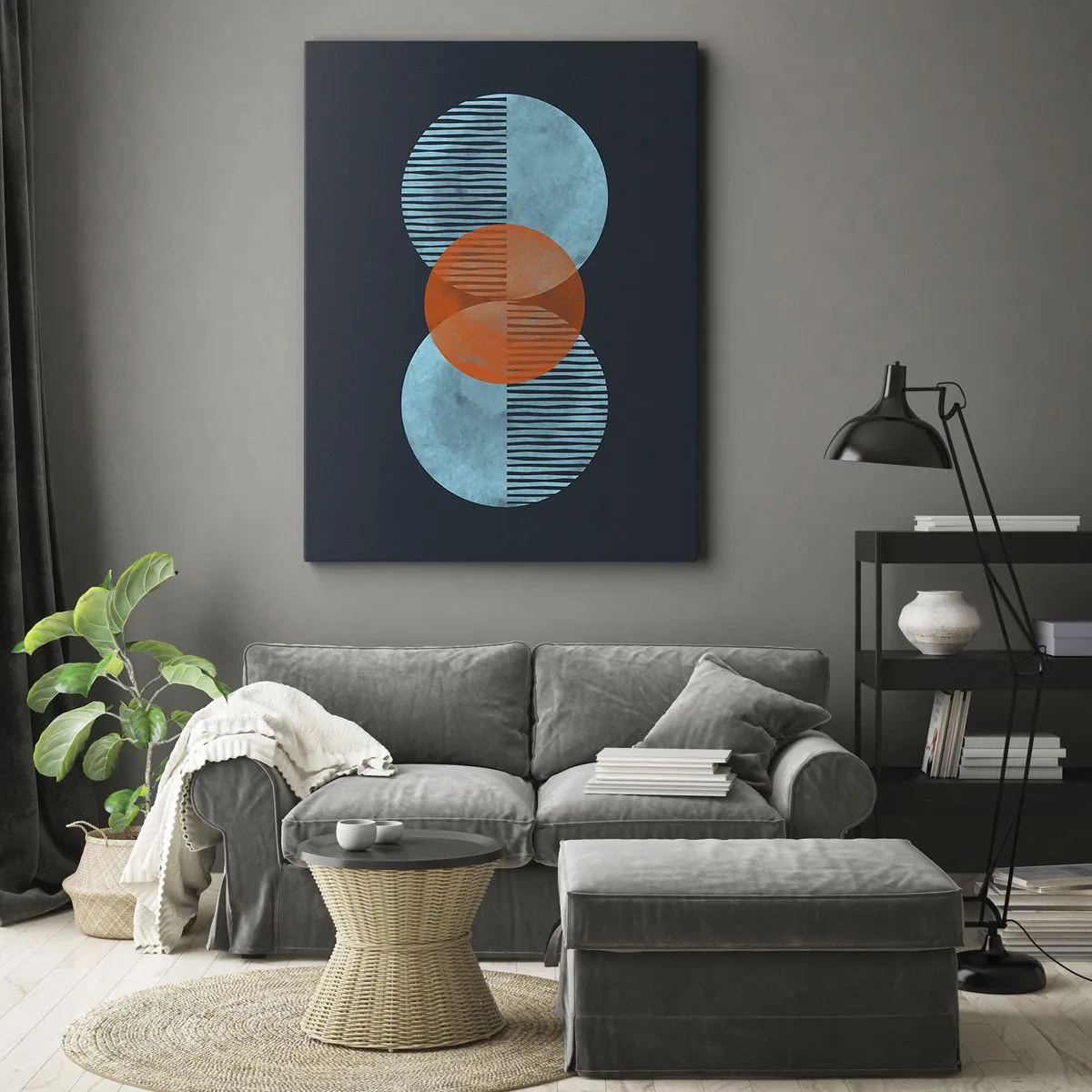 Quadro su tela - Stampe su Tela - Cerchi geometrici nei toni del blu e dell'arancione - 70x100cm - Composizione simmetrica - Decorazione murale moderna per soggiorno e camera da letto ARTTOR