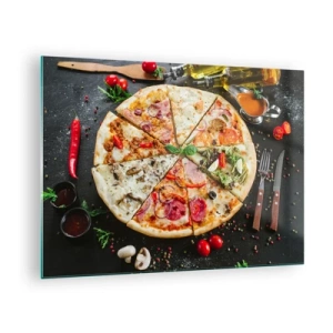 Quadro su vetro - Pizza in vari gusti con condimenti su sfondo scuro - 70x50cm - Ventaglio di gusti - Decorazione murale moderna per soggiorno e camera da letto ARTTOR