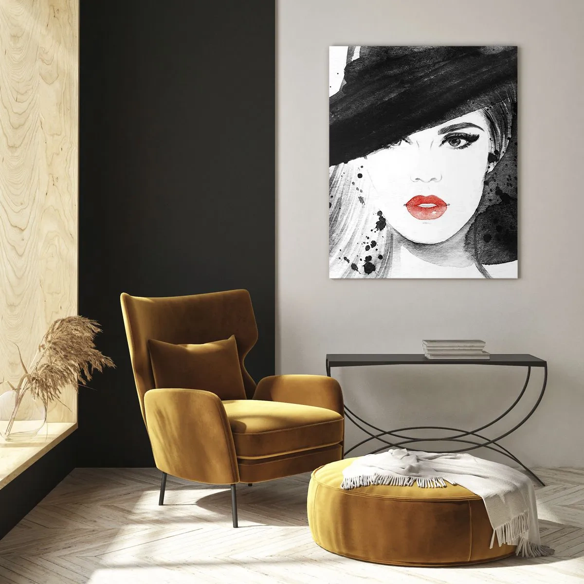 Quadro su vetro - Ritratto di una donna con un cappello nero e labbra rosse - 50x70cm - Donna in nero - Decorazione murale moderna per soggiorno e camera da letto ARTTOR