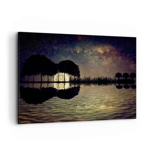 Quadro su tela - Stampe su Tela - Una notte magica con gli alberi e la luna riflessa sull'acqua - 120x80cm - Notte ai confini del mondo - Decorazione murale moderna per soggiorno e camera da letto ARTTOR