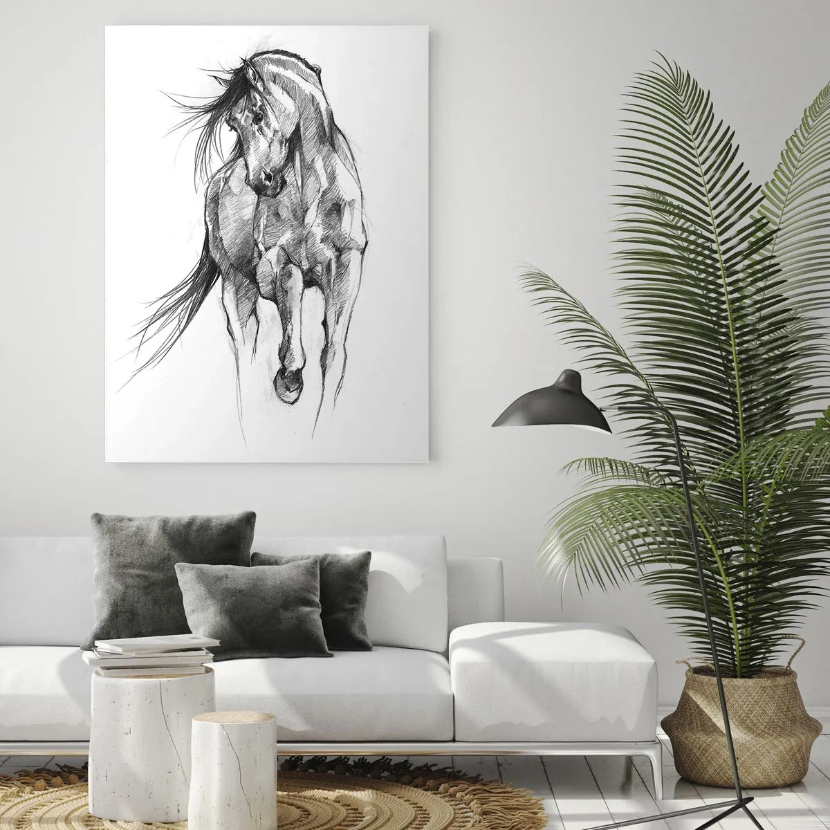 Quadro su vetro - Schizzo in bianco e nero di un cavallo al galoppo - 70x100cm - Trotto aggraziato - Decorazione murale moderna per soggiorno e camera da letto ARTTOR