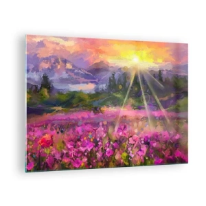 Quadro su vetro - Una pittoresca valle piena di fiori illuminata dai raggi del sole - 70x50cm - Nella valle sotto la cura del sole - Decorazione murale moderna per soggiorno e camera da letto ARTTOR