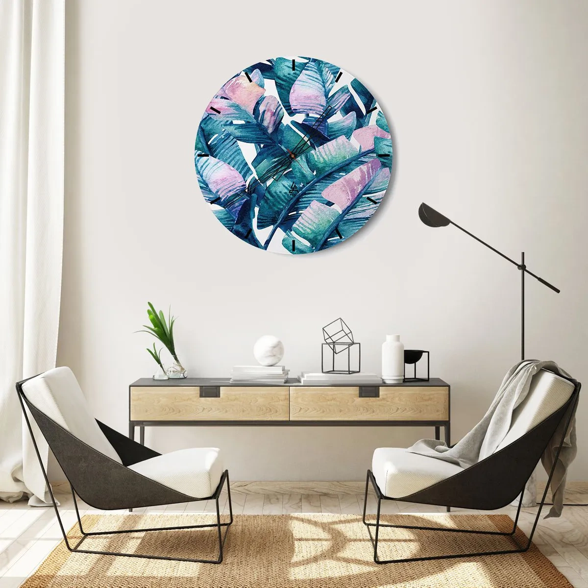 Orologio da parete - Orologio in Vetro - Foglie tropicali nelle tonalità del verde e del rosa - 30x30cm - Nel bananeto - Decorazione murale moderna per soggiorno, cucina e camera da letto ARTTOR