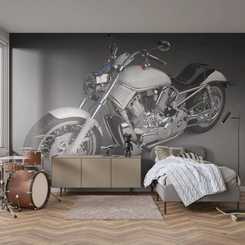Fotomurali Premium Sand - Motocicletta cruiser bianca su sfondo grigio - 100x70cm - Viene voglia di inginocchiarsi - Decorazione murale moderna per soggiorno e camera da letto ARTTOR