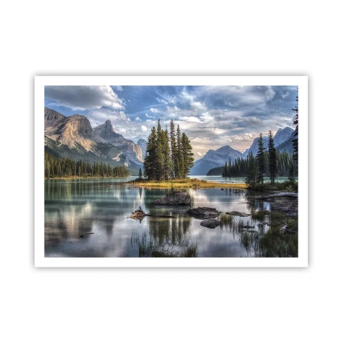 Poster - Un paesaggio montano con un'isola circondata da un lago calmo - 100x70cm - Sulle acque grandi e limpide... - Decorazione murale moderna per soggiorno e camera da letto ARTTOR