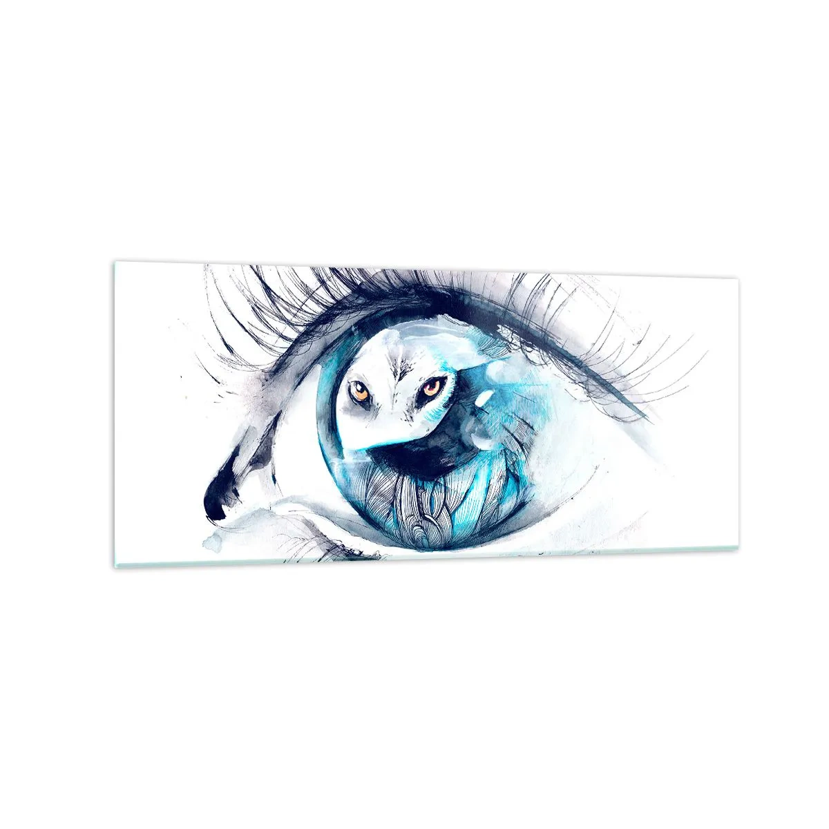 Quadro su vetro - Un occhio con l'immagine di un gufo in tonalità di blu acquerellate - 120x50cm - Faccia a faccia con la natura selvaggia - Decorazione murale moderna per soggiorno e camera da letto ARTTOR