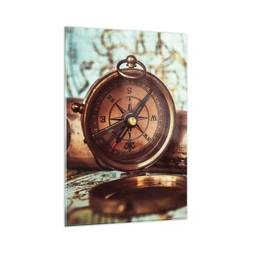 Quadro su vetro - Un set retrò con bussola, telescopio e mappa a tema viaggio - 80x120cm - Ti aspetta l'avventura dei pirati dei Caraibi - Decorazione murale moderna per soggiorno e camera da letto ARTTOR