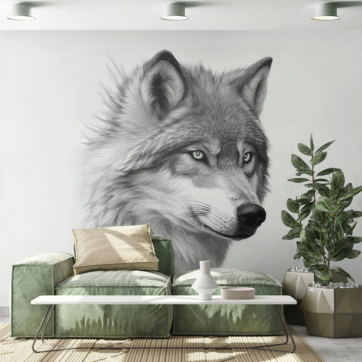 Fotomurali Premium Sand - Ritratto in bianco e nero di un lupo dallo sguardo intenso - 100x70cm - Alfa, senza dubbio - Decorazione murale moderna per soggiorno e camera da letto ARTTOR