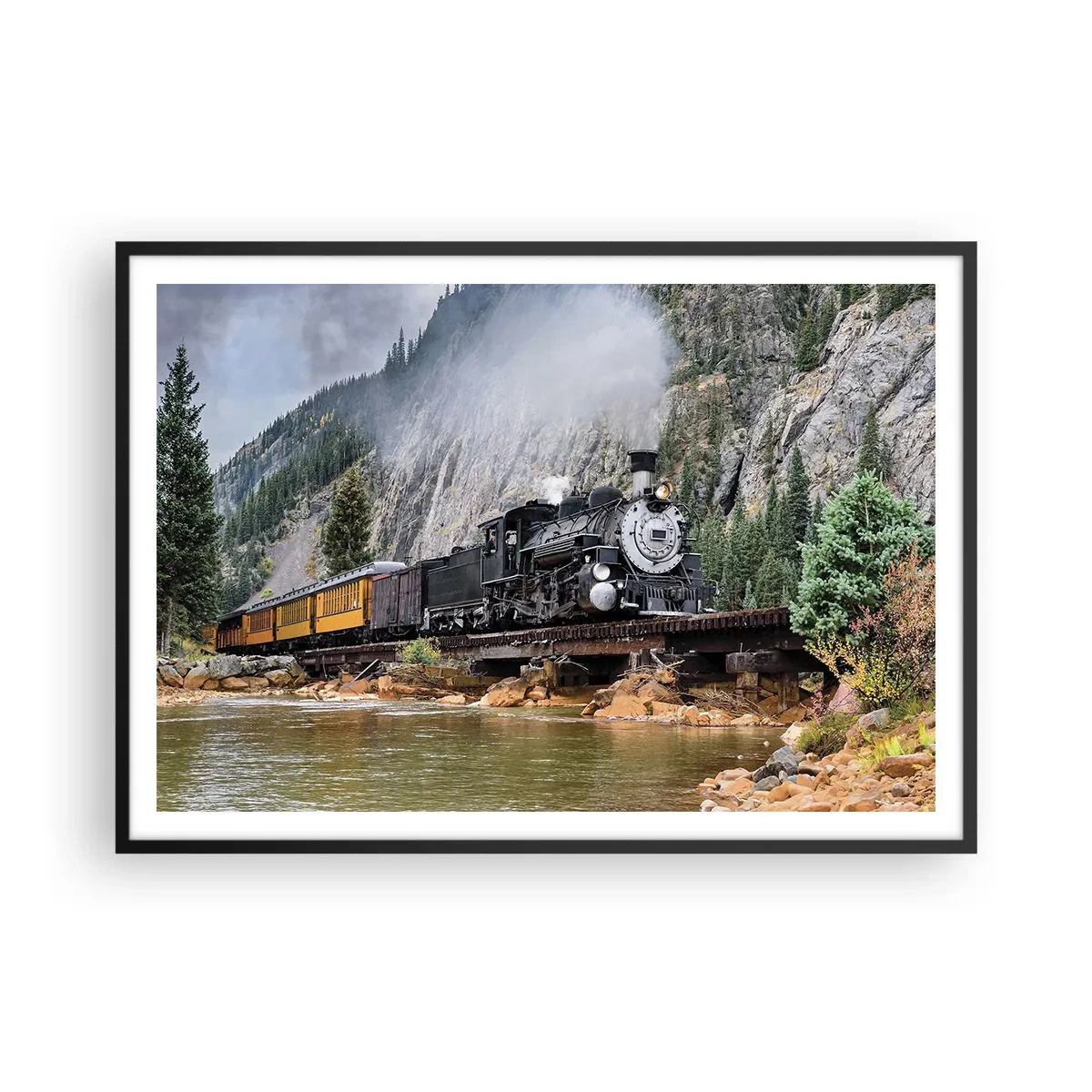 Poster in cornice nera - Una locomotiva a vapore su un ponte in un pittoresco paesaggio montano - 100x70cm - Dove andiamo? - Decorazione murale moderna per soggiorno e camera da letto ARTTOR