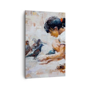 Quadro su tela - Stampe su Tela - Una ragazza che dà da mangiare agli uccelli in stile pittorico - 80x120cm - Piccoli e gentili - Decorazione murale moderna per soggiorno e camera da letto ARTTOR
