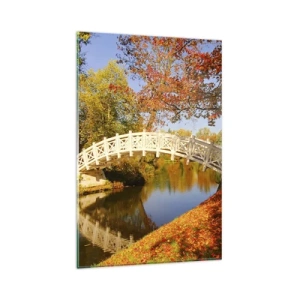 Quadro su vetro - Un ponte in un parco circondato da foglie autunnali su acque calme - 80x120cm - Sul bianco ponticello dei sospiri - Decorazione murale moderna per soggiorno e camera da letto ARTTOR