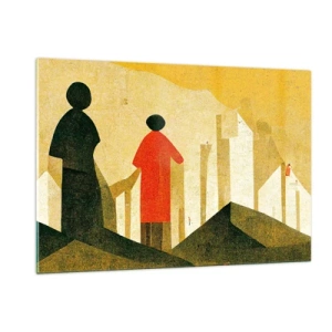 Quadro su vetro - Silhouette geometriche di figure tra forme alte sullo sfondo di un cielo giallo - 120x80cm - La strada è ancora lunga - Decorazione murale moderna per soggiorno e camera da letto ARTTOR