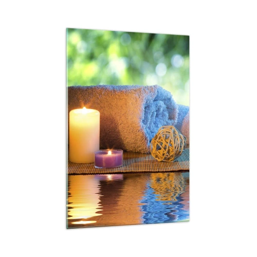 Quadro su vetro - Set SPA rilassante con asciugamani, candele e pietre - 70x100cm - Tempo per il corpo - Decorazione murale moderna per soggiorno e camera da letto ARTTOR