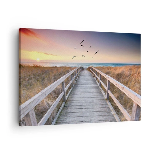Quadro su tela - Stampe su Tela - Molo di legno che conduce alla spiaggia al tramonto - 70x50cm - Spazio per volare - Decorazione murale moderna per soggiorno e camera da letto ARTTOR