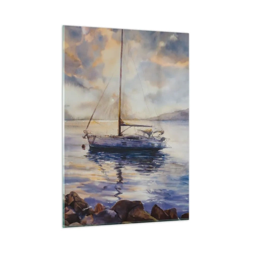 Quadro su vetro - Uno yacht ormeggiato in una baia tranquilla al tramonto - 50x70cm - La sera nel golfo - Decorazione murale moderna per soggiorno e camera da letto ARTTOR
