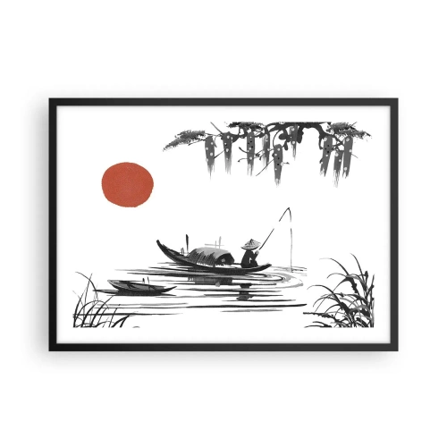 Poster in cornice nera - Paesaggio orientale con un pescatore su una barca e un sole rosso - 70x50cm - Pomeriggio asiatico - Decorazione murale moderna per soggiorno e camera da letto ARTTOR