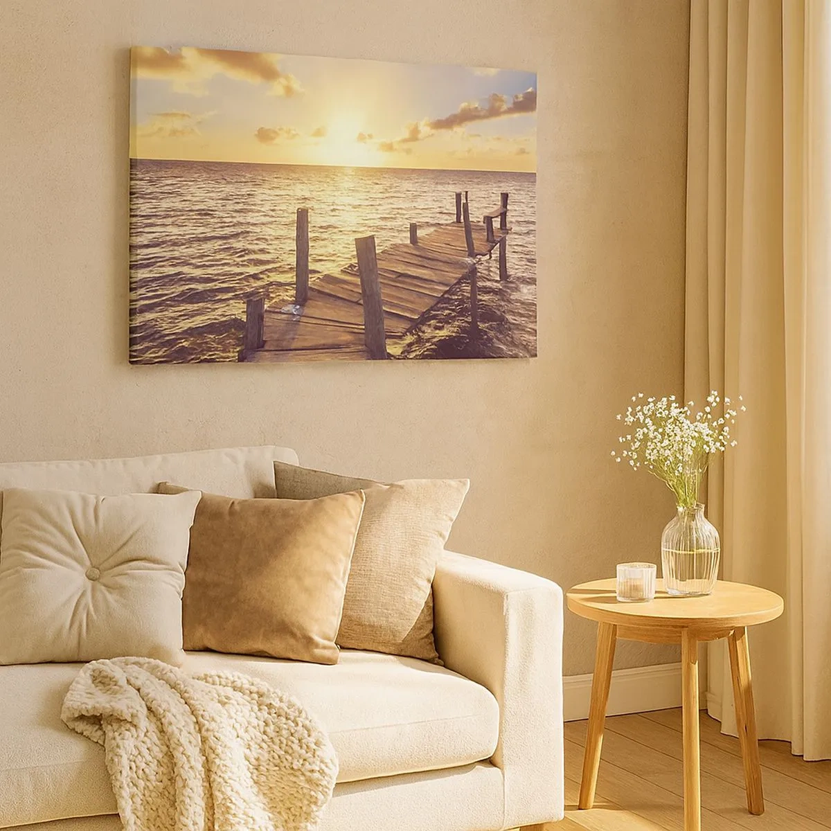 Quadro su tela - Stampe su Tela - Un molo di legno che conduce verso il tramonto - 70x50cm - Il paese dorato della mitezza - Decorazione murale moderna per soggiorno e camera da letto ARTTOR