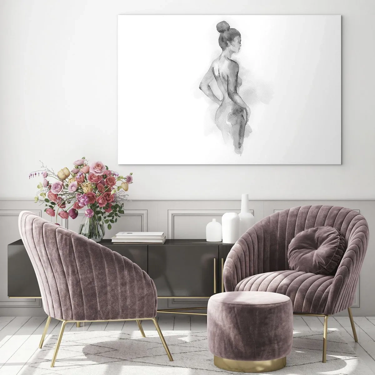 Quadro su vetro - Una sottile silhouette femminile dipinta ad acquerello su uno sfondo bianco - 120x80cm - Bella come un quadro - Decorazione murale moderna per soggiorno e camera da letto ARTTOR