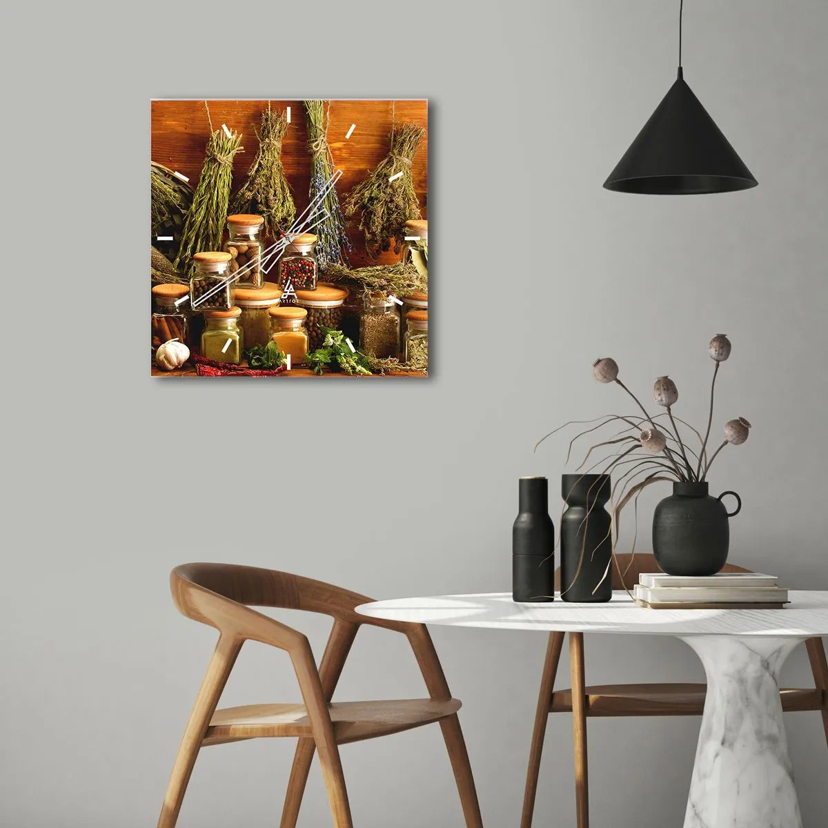 Orologio da parete - Orologio in Vetro - Erbe e spezie in barattoli su uno sfondo rustico - 30x30cm - Magie di cucina - Decorazione murale moderna per soggiorno e camera da letto ARTTOR