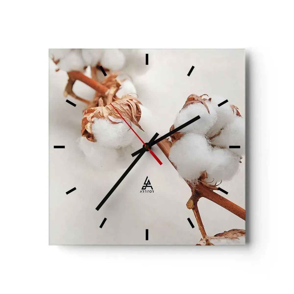 Orologio da parete - Orologio in Vetro - Un rametto di cotone su uno sfondo sottile - 30x30cm - Semplicemente un abbraccio - Decorazione murale moderna per soggiorno e camera da letto ARTTOR