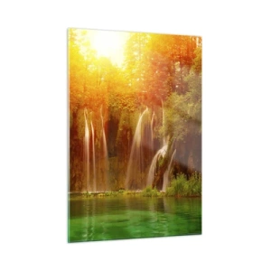 Quadro su vetro - Cascate in una foresta soleggiata con acqua turchese - 50x70cm - Al sole e all'ombra - Decorazione murale moderna per soggiorno e camera da letto ARTTOR