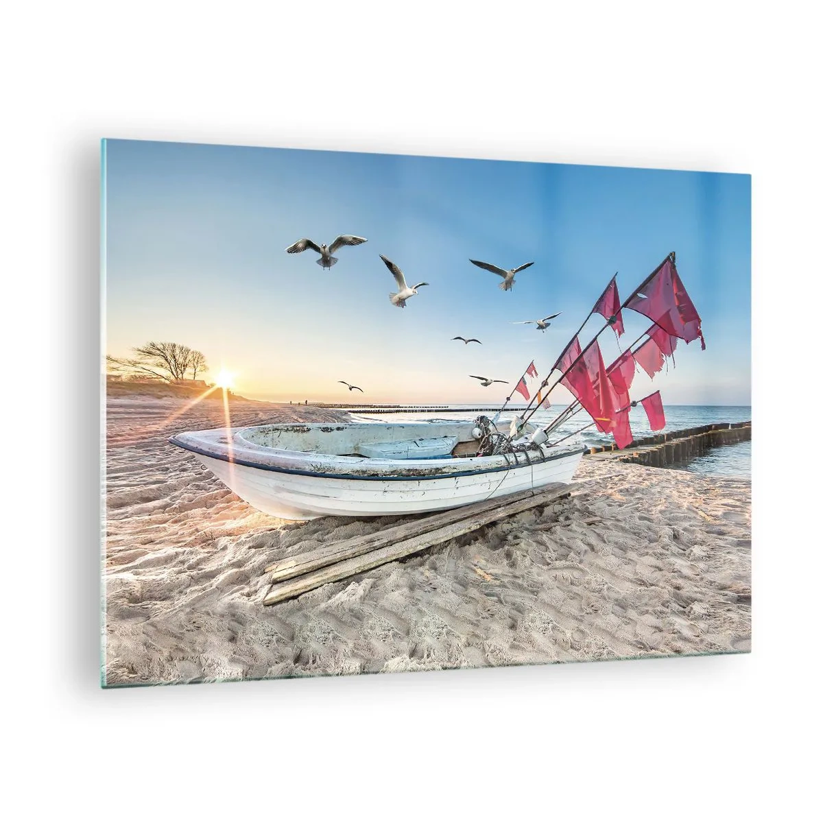Quadro su vetro - Barca da pesca sulla spiaggia all'alba - 70x50cm - Meritato riposo - Decorazione murale moderna per soggiorno e camera da letto ARTTOR