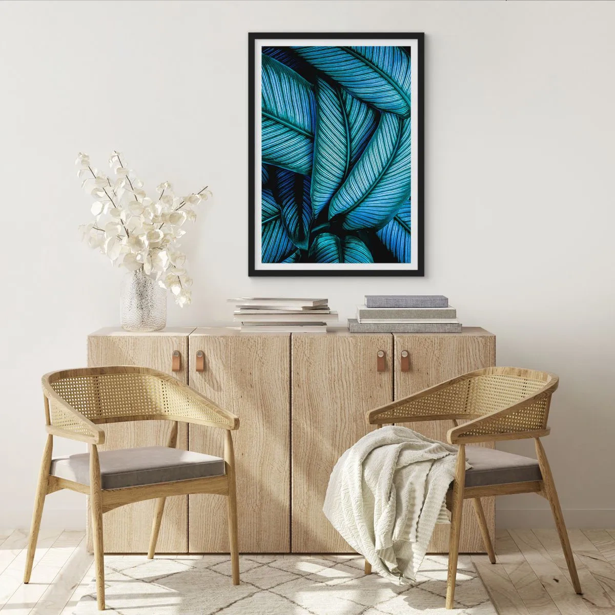Poster in cornice nera - Le affascinanti foglie blu-verdi del banano - 50x70cm - Le linee della vita - Decorazione murale moderna per soggiorno e camera da letto ARTTOR