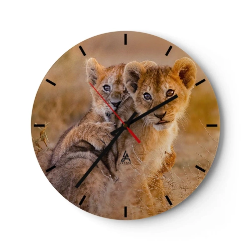 Orologio da parete - Orologio in Vetro - Due cuccioli di leone nel loro habitat naturale della savana - 30x30cm - Non disturbare! Giochiamo - Decorazione murale moderna per soggiorno, cucina e camera da letto ARTTOR