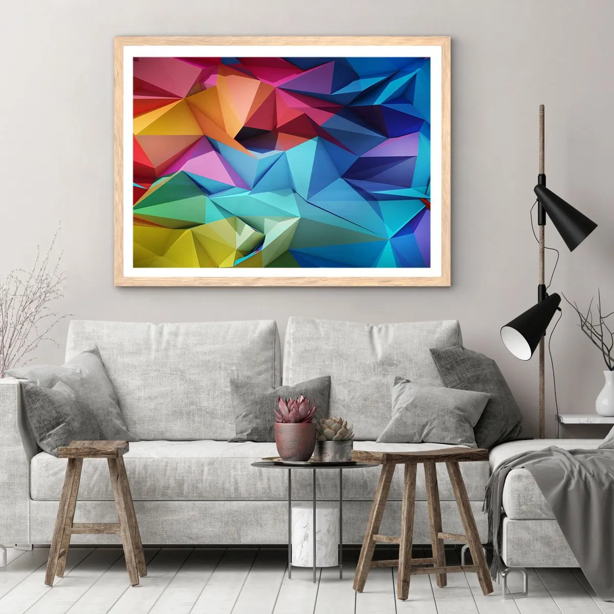 Poster in cornice rovere chiaro - Origami arcobaleno - 91x61 cm