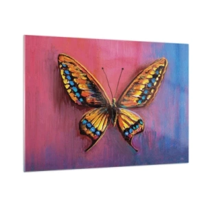 Quadro su vetro - Una farfalla colorata su uno sfondo nei toni del rosa e del viola - 100x70cm - Gioielli della natura - Decorazione murale moderna per soggiorno e camera da letto ARTTOR