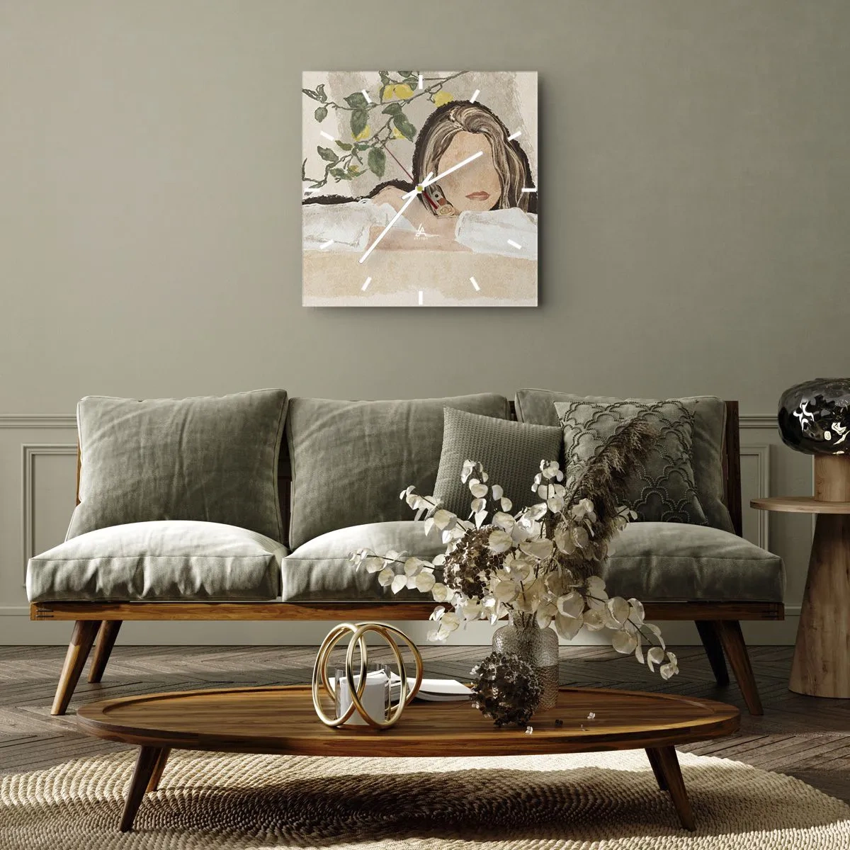 Orologio da parete - Orologio in Vetro - La figura di una donna sullo sfondo di un albero di limone - 30x30cm - Bellezza del sud - Decorazione murale moderna per soggiorno e camera da letto ARTTOR