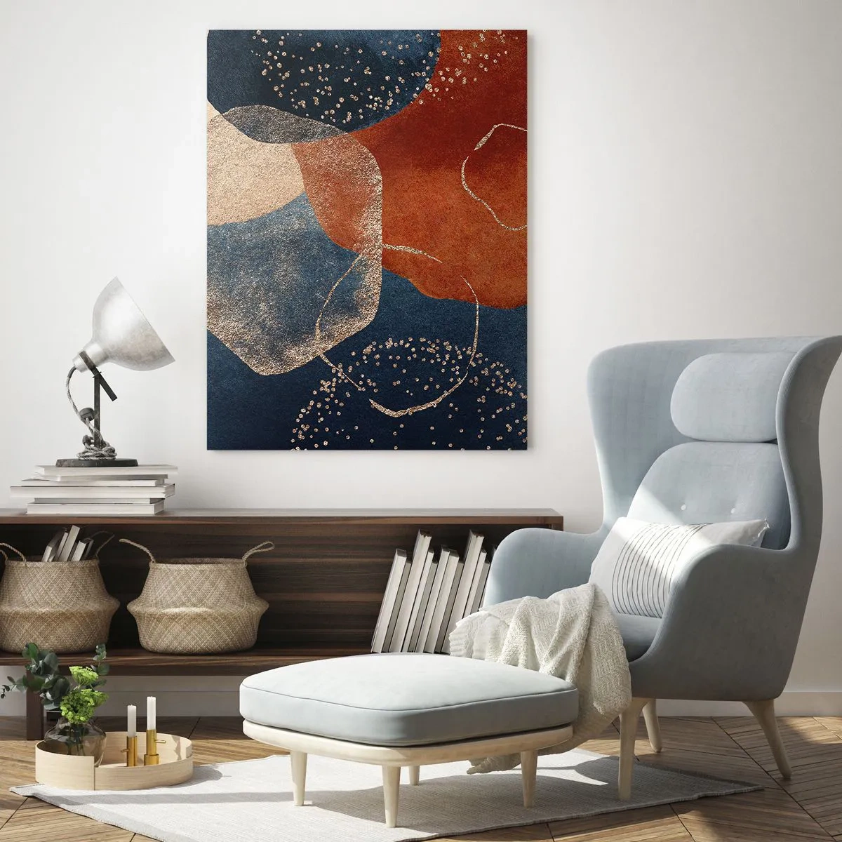 Quadro su vetro - Forme astratte nelle tonalità del rosso e del blu - 70x100cm - La leggerezza dell'essere - Decorazione murale moderna per soggiorno e camera da letto ARTTOR