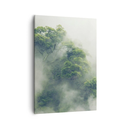Quadro su tela - Stampe su Tela - Alberi verdi nella fitta nebbia contro uno sfondo naturale - 50x70cm - Avvolti dalla nebbia - Decorazione murale moderna per soggiorno e camera da letto ARTTOR