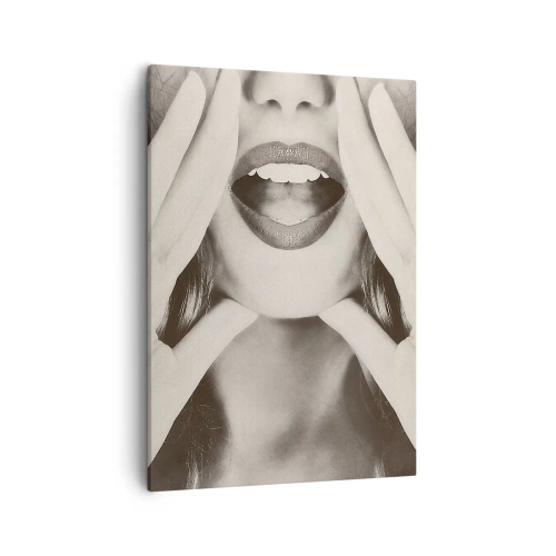 Quadro su tela - Stampe su Tela - Ritratto in bianco e nero di una donna con labbra e mani espressive - 50x70cm - Arrivo! - Decorazione murale moderna per soggiorno e camera da letto ARTTOR