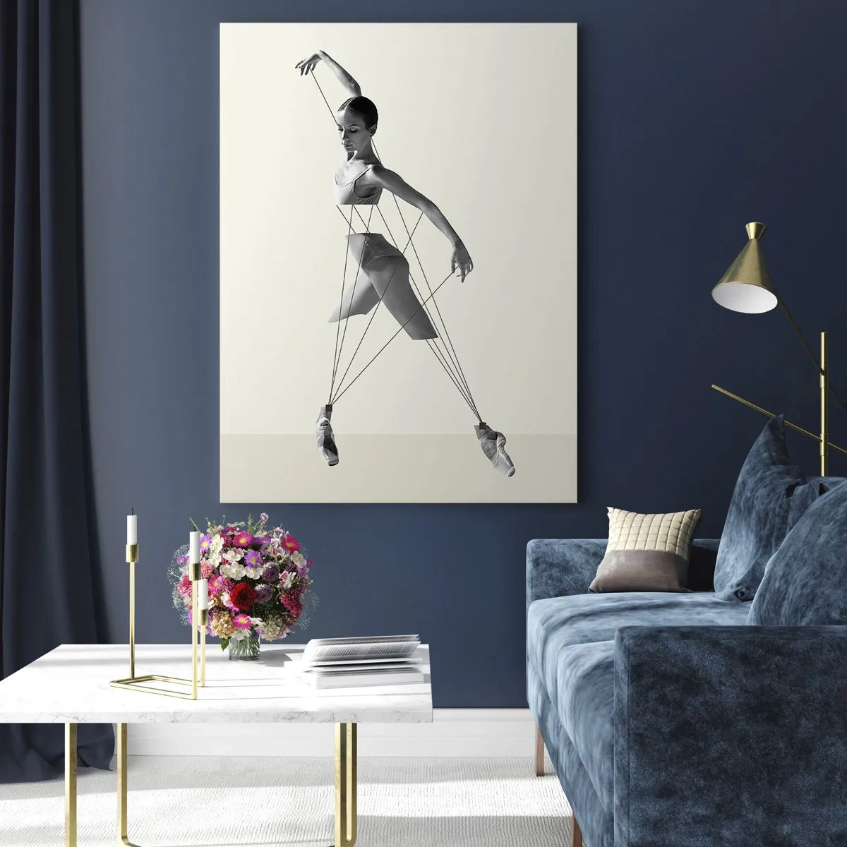 Quadro su vetro - Ballerina in un'interpretazione geometrica con linee - 70x100cm - Nel teatro del mondo - Decorazione murale moderna per soggiorno e camera da letto ARTTOR