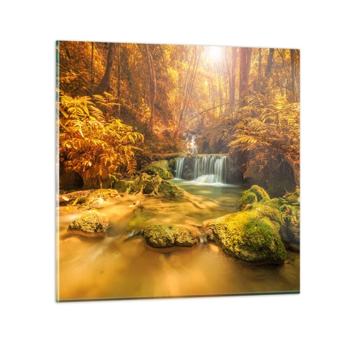 Quadro su vetro - Cascata boschiva in oro - 30x30 cm