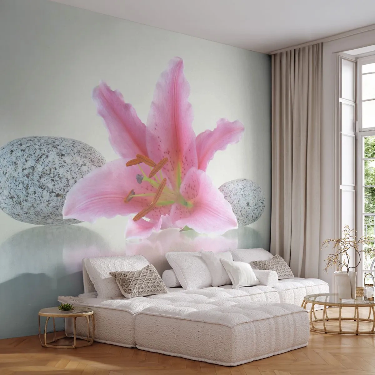 Fotomurali Premium Sand - Studio in rosa, grigio e bianco - Fiori, Giglio, Pietre - 450x315 cm