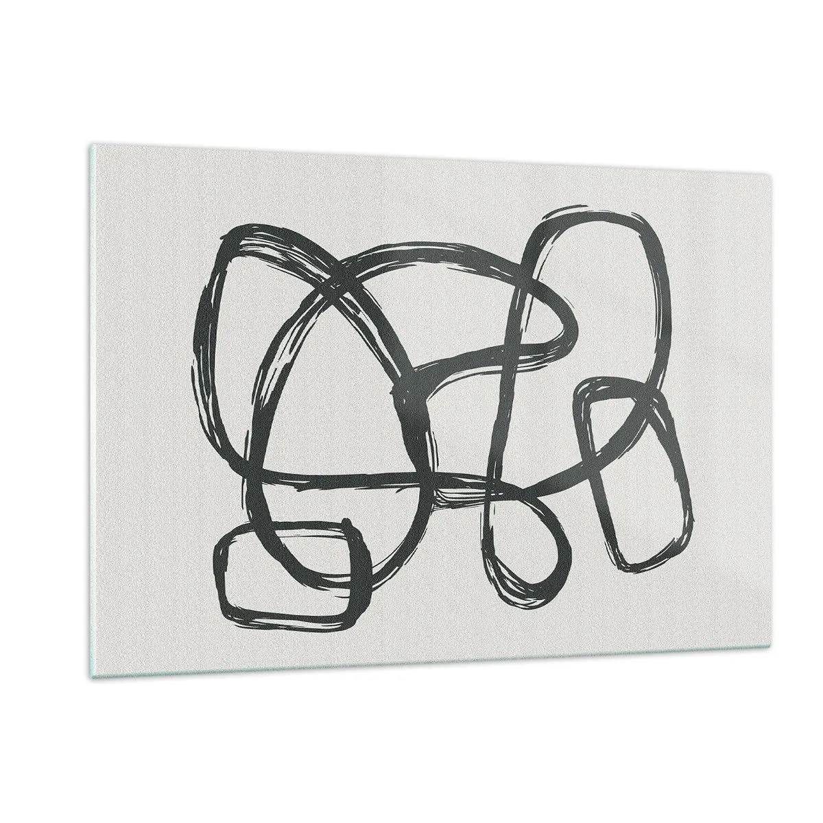 Quadro su vetro - Anelli e linee nere formano una composizione astratta su uno sfondo bianco. - 120x80cm - Astrazione aggrovigliata - Decorazione murale moderna per soggiorno e camera da letto ARTTOR