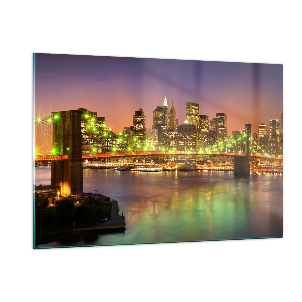 Quadro su vetro - Ponte illuminato sul fiume con vista panoramica della città al tramonto - 120x80cm - Qui la luce non si spegne mai - Decorazione murale moderna per soggiorno e camera da letto ARTTOR
