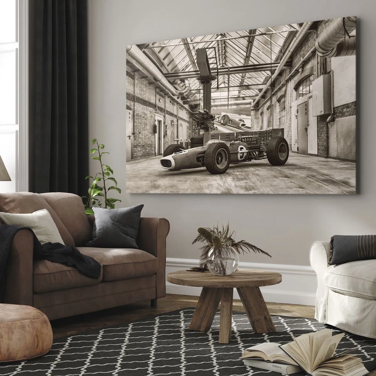 Quadro su tela - Stampe su Tela - Auto da corsa in bianco e nero in un interno industriale - 100x70cm - Il riposo del vincitore - Decorazione murale moderna per soggiorno e camera da letto ARTTOR