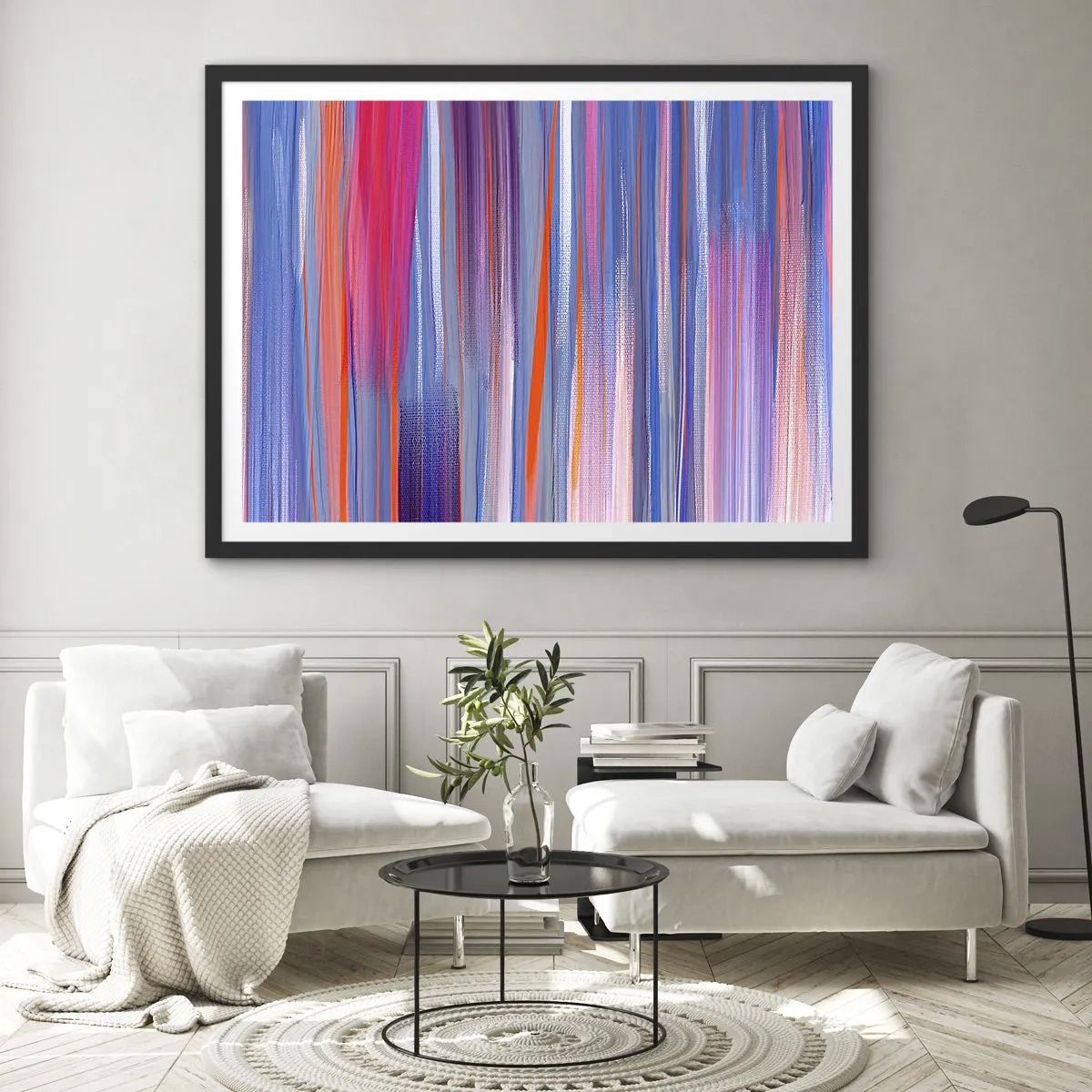 Poster in cornice nera - Linee verticali astratte nelle tonalità del blu e del rosa - 100x70cm - Ascensione arcobaleno - Decorazione murale moderna per soggiorno e camera da letto ARTTOR
