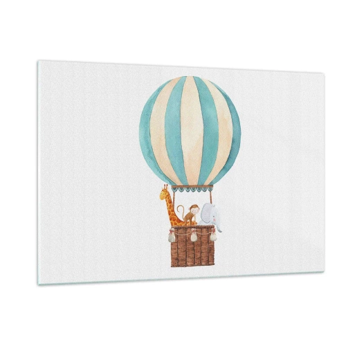 Quadro su vetro - Un palloncino con una giraffa, una scimmia e un elefante su uno sfondo bianco - 120x80cm - Una gita fantastica - Decorazione murale moderna per soggiorno e camera da letto ARTTOR
