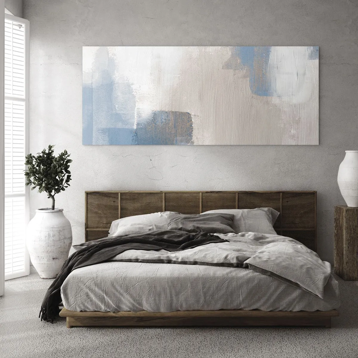 Quadro su vetro - Forme astratte nei toni del blu e del beige - 120x50cm - Astrazione rosa coperta dal blu - Decorazione murale moderna per soggiorno e camera da letto ARTTOR