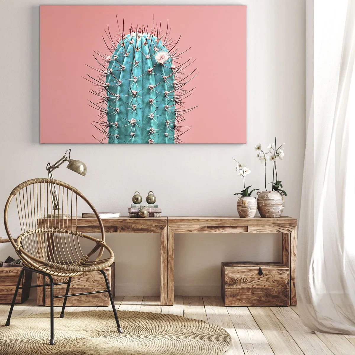 Quadro su tela - Stampe su Tela - Un'interpretazione artistica di un cactus su uno sfondo rosa - 70x50cm - Stai attento - Decorazione murale moderna per soggiorno e camera da letto ARTTOR