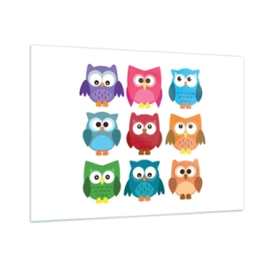 Quadro su vetro - Gufi colorati in stile cartone animato su sfondo bianco - 100x70cm - Essere diversi può essere divertente - Decorazione murale moderna per soggiorno e camera da letto ARTTOR