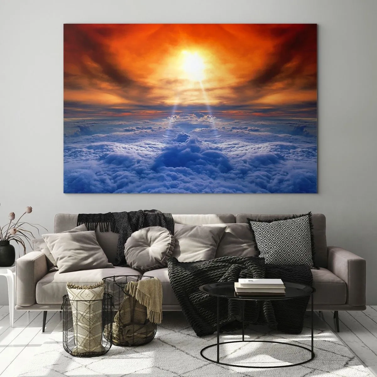Quadro su vetro - Nuvole illuminate dai raggi del sole al tramonto - 70x50cm - Paesaggio mistico - Decorazione murale moderna per soggiorno e camera da letto ARTTOR