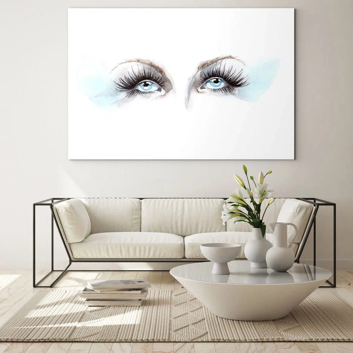 Quadro su vetro - Lo sguardo sottile degli occhi azzurri in una composizione artistica - 120x80cm - Occhi d'angelo? - Decorazione murale moderna per soggiorno e camera da letto ARTTOR