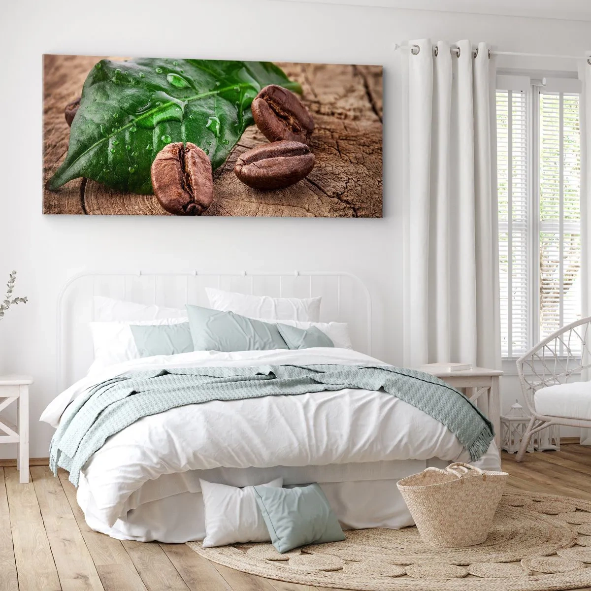Quadro su tela - Stampe su Tela - Chicchi di caffè e foglia verde su uno sfondo di legno - 160x50cm - Nero e autentico - Decorazione murale moderna per soggiorno e camera da letto ARTTOR